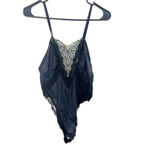 Joan Collins Vintage Black Lace Sheer Teddy Bodysuit Goth Dark Romantic Sz S